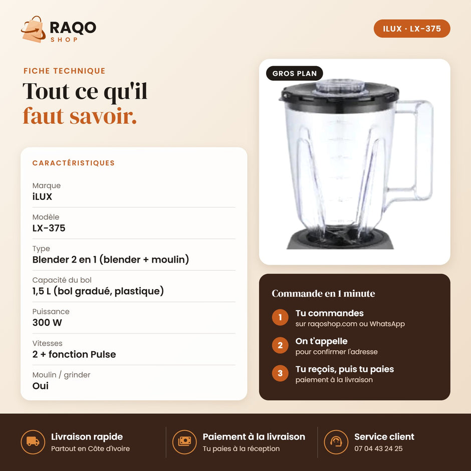 Blender Mixeur iLUX – 300 W – 1,5 L - RAQO (fiche technique)