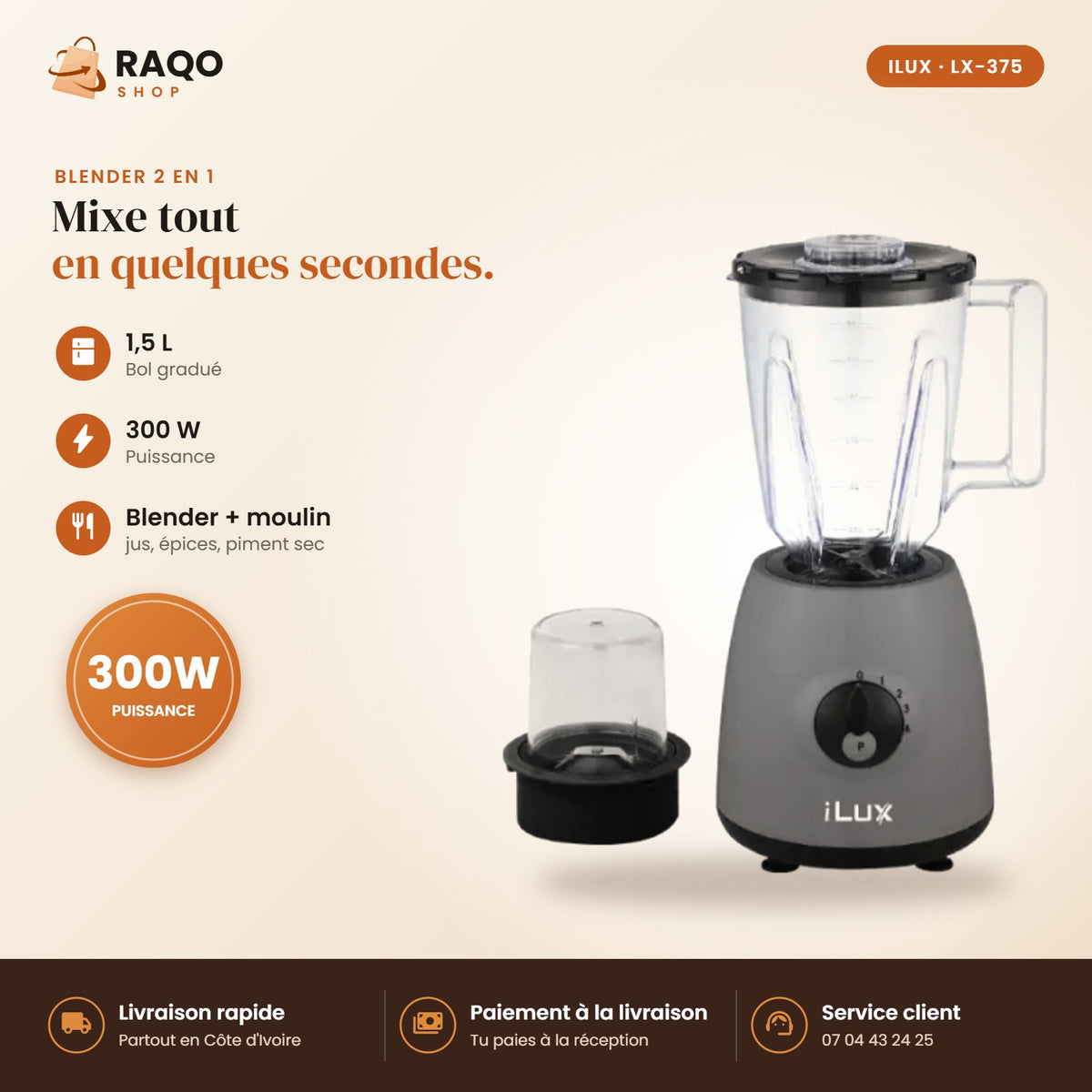 Blender Mixeur iLUX – 300 W – 1,5 L - RAQO