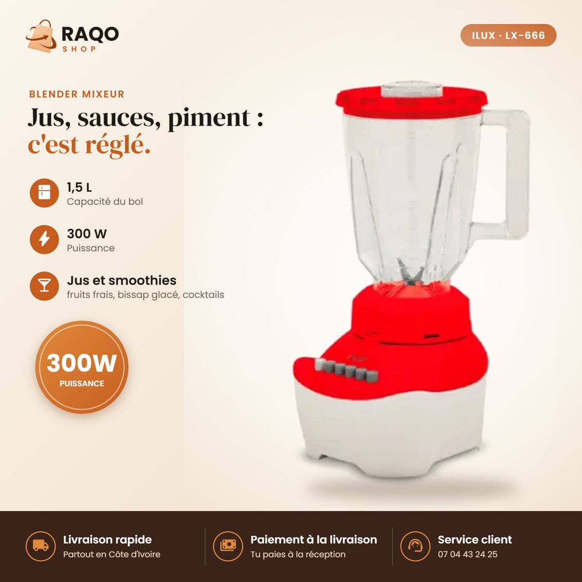 Blender Mixeur iLUX – 300 W – 1,5 L - RAQO