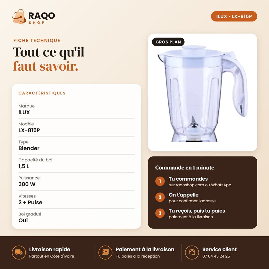 Blender Mixeur iLUX – 300 W – 1,5 L - RAQO (fiche technique)