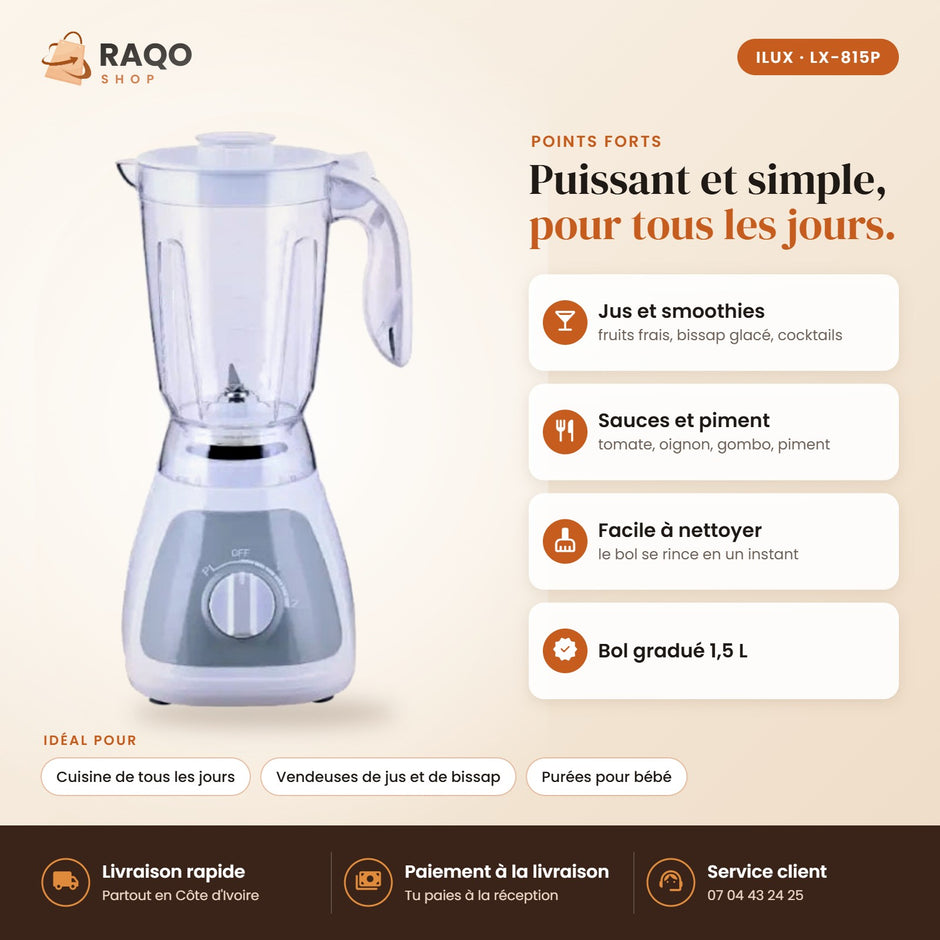 Blender Mixeur iLUX – 300 W – 1,5 L - RAQO (points forts)