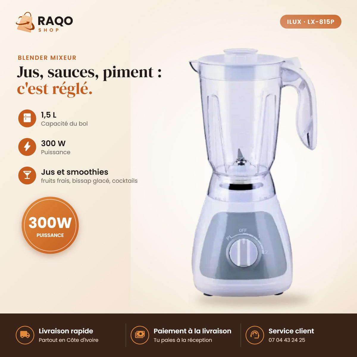 Blender Mixeur iLUX – 300 W – 1,5 L - RAQO