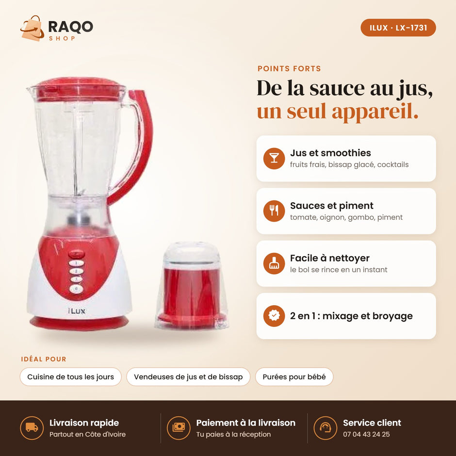 Blender Mixeur iLUX – 350 W – 1,5 L - RAQO (points forts)