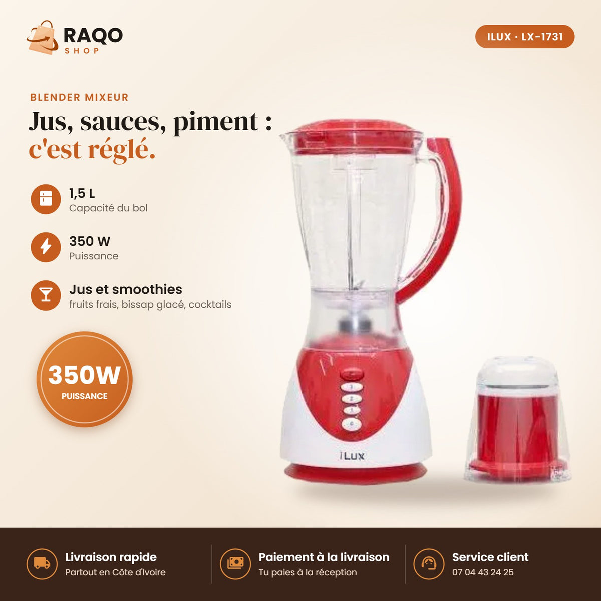 Blender Mixeur iLUX – 350 W – 1,5 L - RAQO