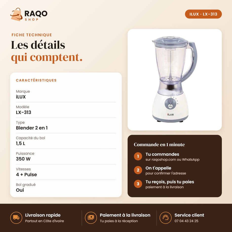 Blender Mixeur iLUX – 350 W – 1,5 L - RAQO (fiche technique)