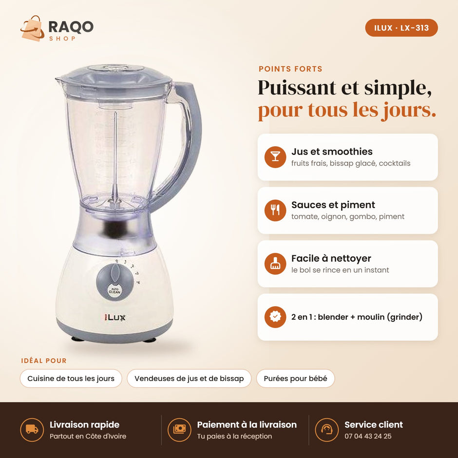 Blender Mixeur iLUX – 350 W – 1,5 L - RAQO (points forts)