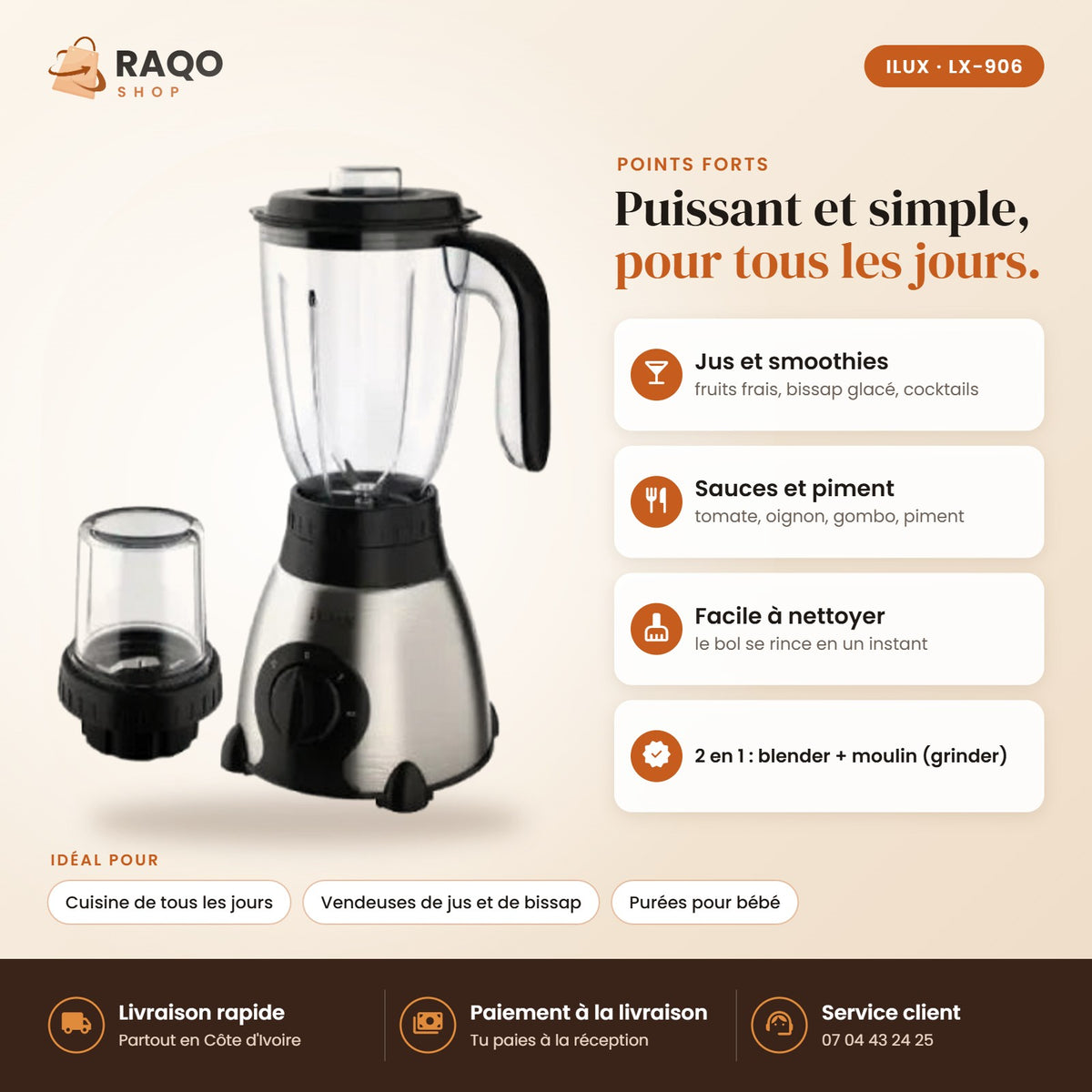 Blender Mixeur iLUX – 350 W – 1,5 L - RAQO (points forts)