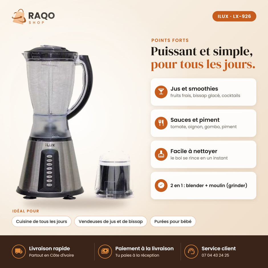 Blender Mixeur iLUX – 350 W – 1,5 L - RAQO (points forts)