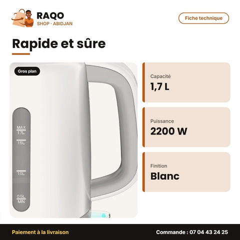 Bouilloire Électrique Hisense – 1.7 L – Blanc – 1850-2200W | H17KWES1 - RAQO