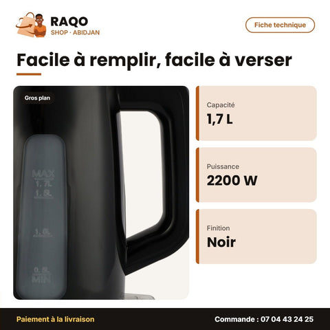 Bouilloire Électrique Hisense – 1.7 L – Noir – 1850-2200W | H17KBKS1 - RAQO
