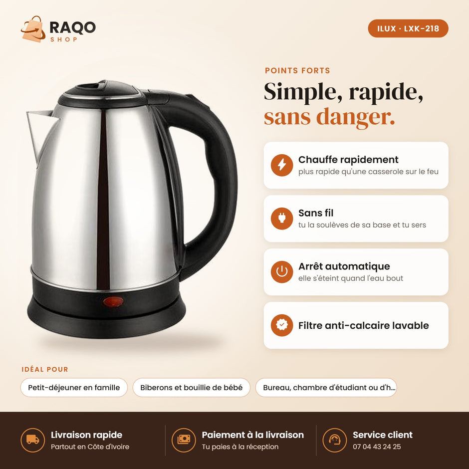 Bouilloire Électrique iLUX – 1500 W – 1,8 L - RAQO (points forts)