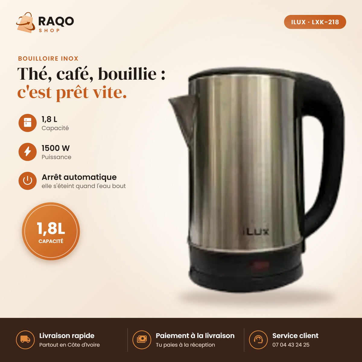Bouilloire Électrique iLUX – 1500 W – 1,8 L - RAQO