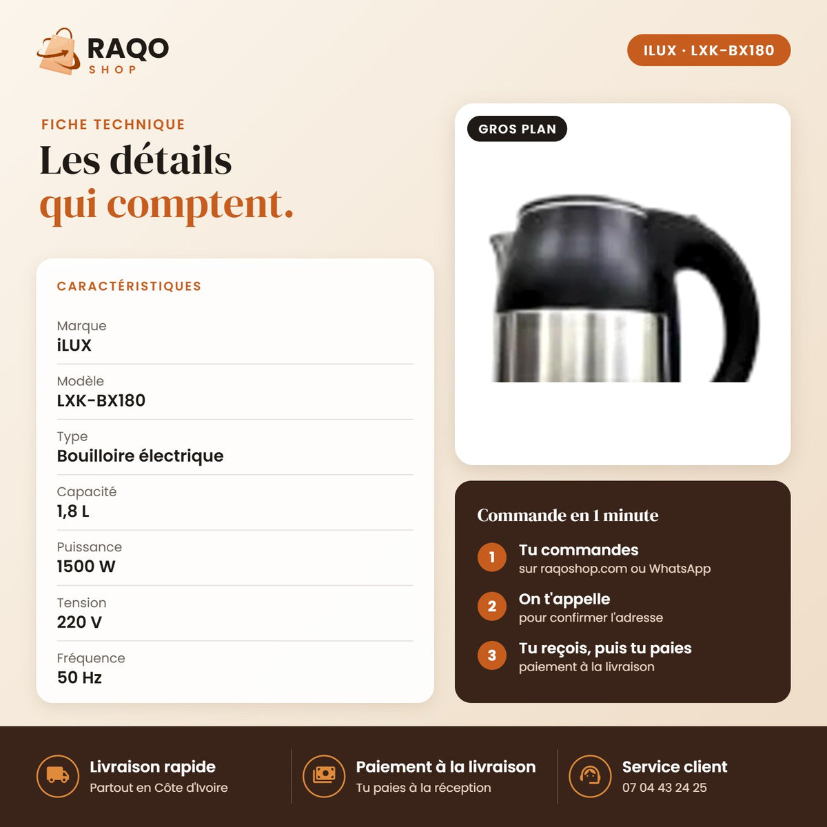Bouilloire Électrique iLUX – 1500 W – 1,8 L - RAQO (fiche technique)