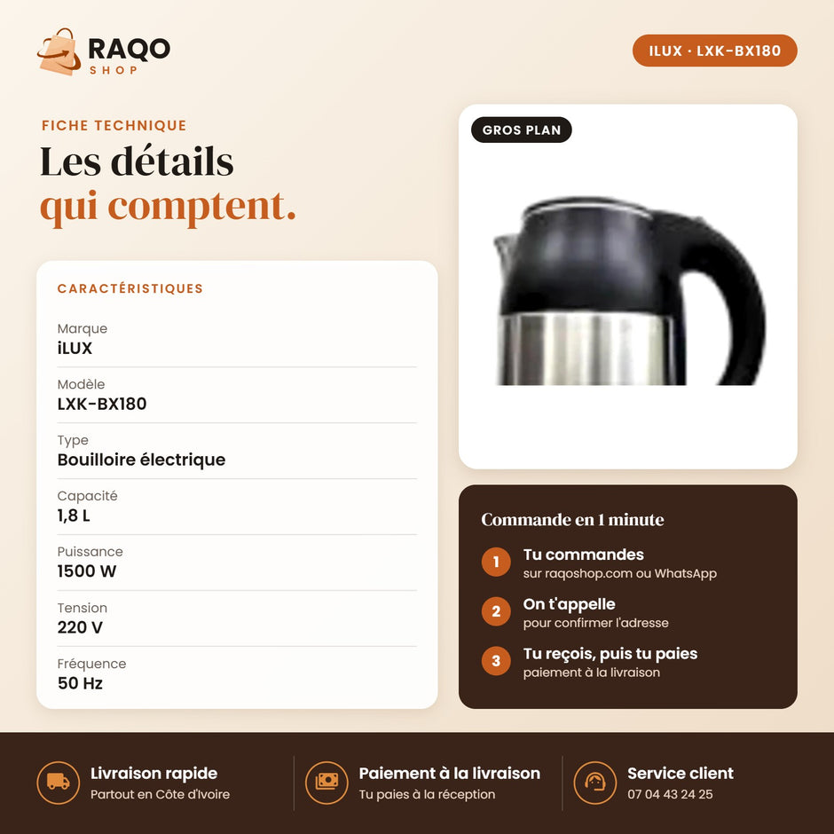 Bouilloire Électrique iLUX – 1500 W – 1,8 L - RAQO (fiche technique)