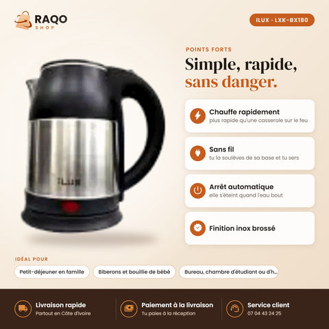 Bouilloire Électrique iLUX – 1500 W – 1,8 L - RAQO (points forts)