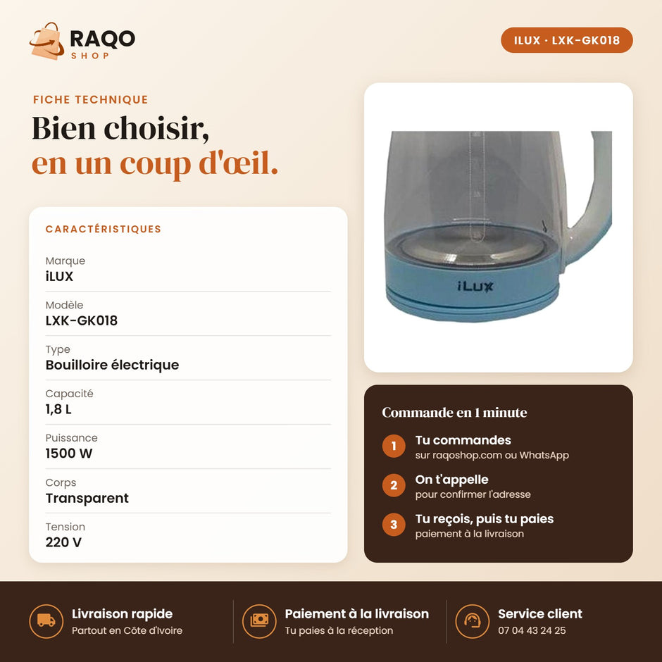 Bouilloire Électrique iLUX – 1500 W – 1,8 L - RAQO (fiche technique)