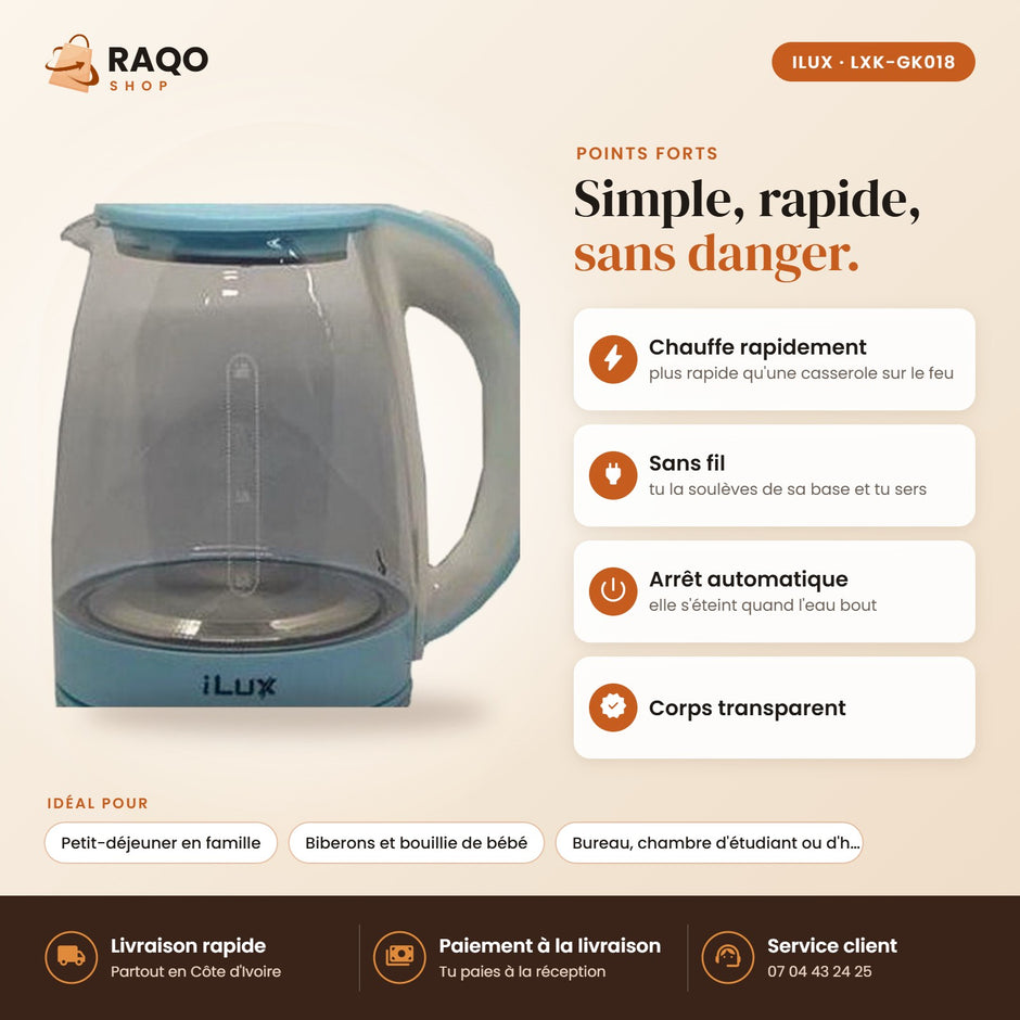 Bouilloire Électrique iLUX – 1500 W – 1,8 L - RAQO (points forts)