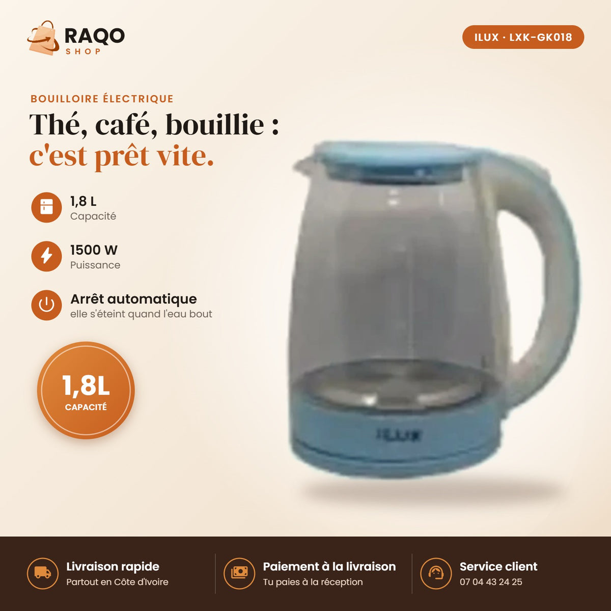 Bouilloire Électrique iLUX – 1500 W – 1,8 L - RAQO