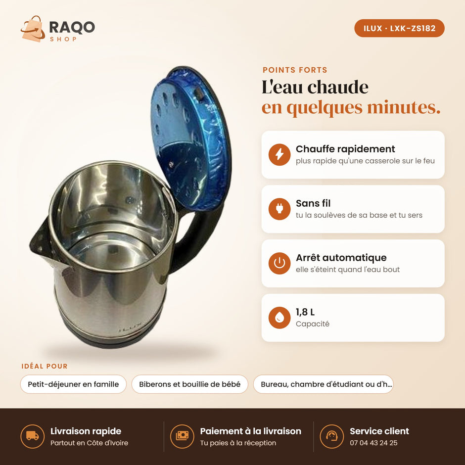 Bouilloire Électrique iLUX – 1500 W – 1,8 L - RAQO (points forts)