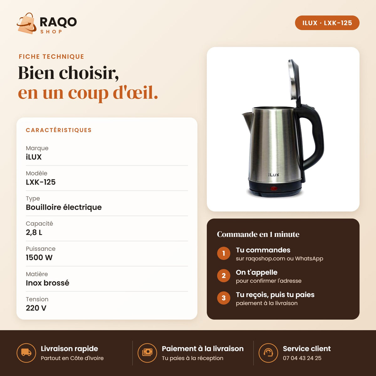 Bouilloire Électrique iLUX – 1500 W – 2,8 L - RAQO (fiche technique)