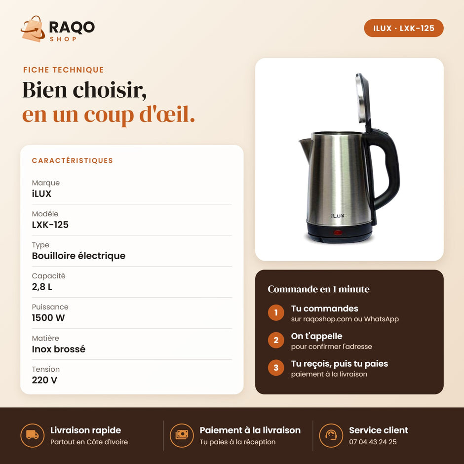 Bouilloire Électrique iLUX – 1500 W – 2,8 L - RAQO (fiche technique)