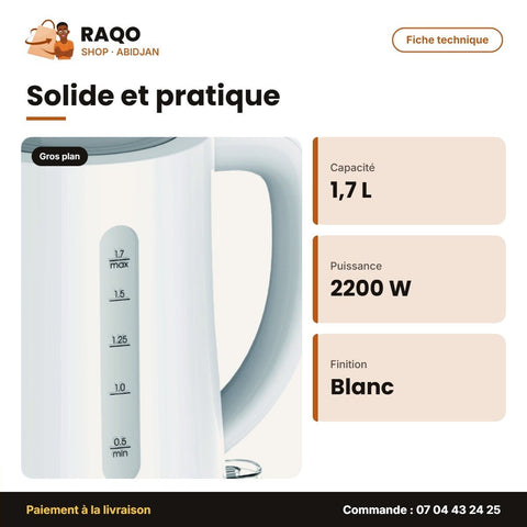 Bouilloire Électrique Midea – 1.7 Litres – 2200W – Blanc | MK-17D18B - RAQO
