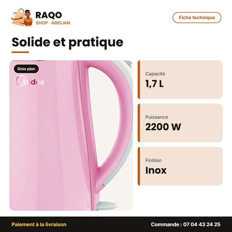 Bouilloire Électrique Midea – 1.7 Litres – 2200W – Stainless Steel | MK-HJ1705R - RAQO