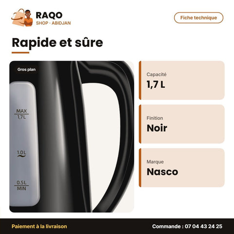 Bouilloire Plastique Nasco – 1.7 Litres – Noir – 360° | KEP0301-GS - RAQO
