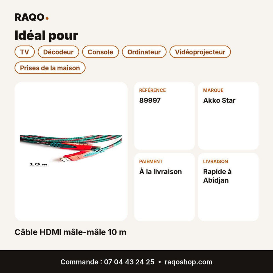 Câble HDMI mâle-mâle 10 m | Akko Star - RAQO