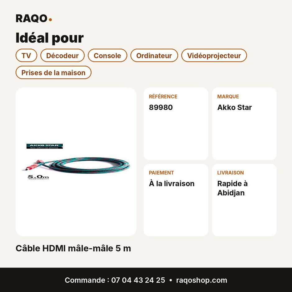 Câble HDMI mâle-mâle 5 m | Akko Star - RAQO
