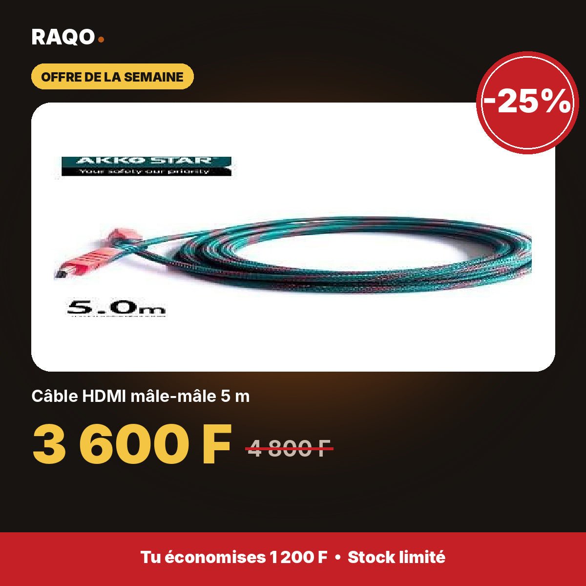 Câble HDMI mâle-mâle 5 m | Akko Star - RAQO