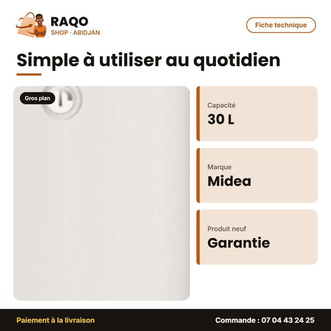 Chauffe Eau El. Vert. Md Midea – 30L – Stockage Scellé – Réservoir Ti+saphir Émail | M_D30-15FN - RAQO