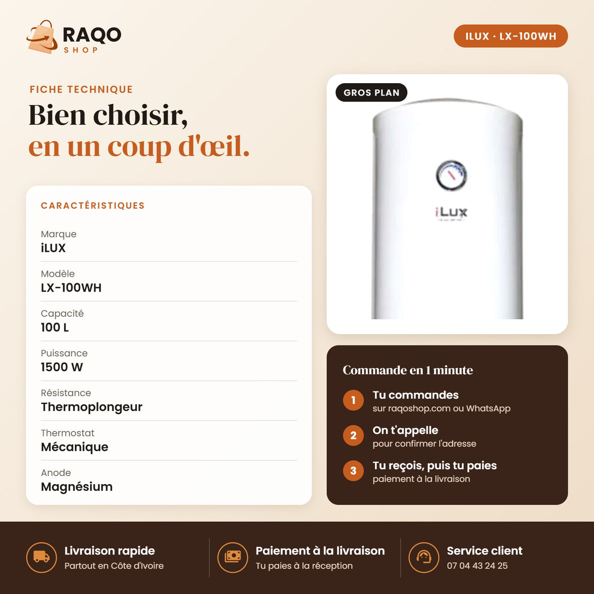 Chauffe-eau Électrique iLUX – 100 L - RAQO (fiche technique)