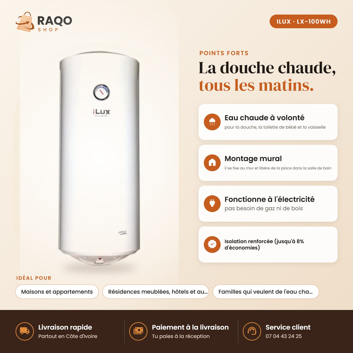 Chauffe-eau Électrique iLUX – 100 L - RAQO (points forts)