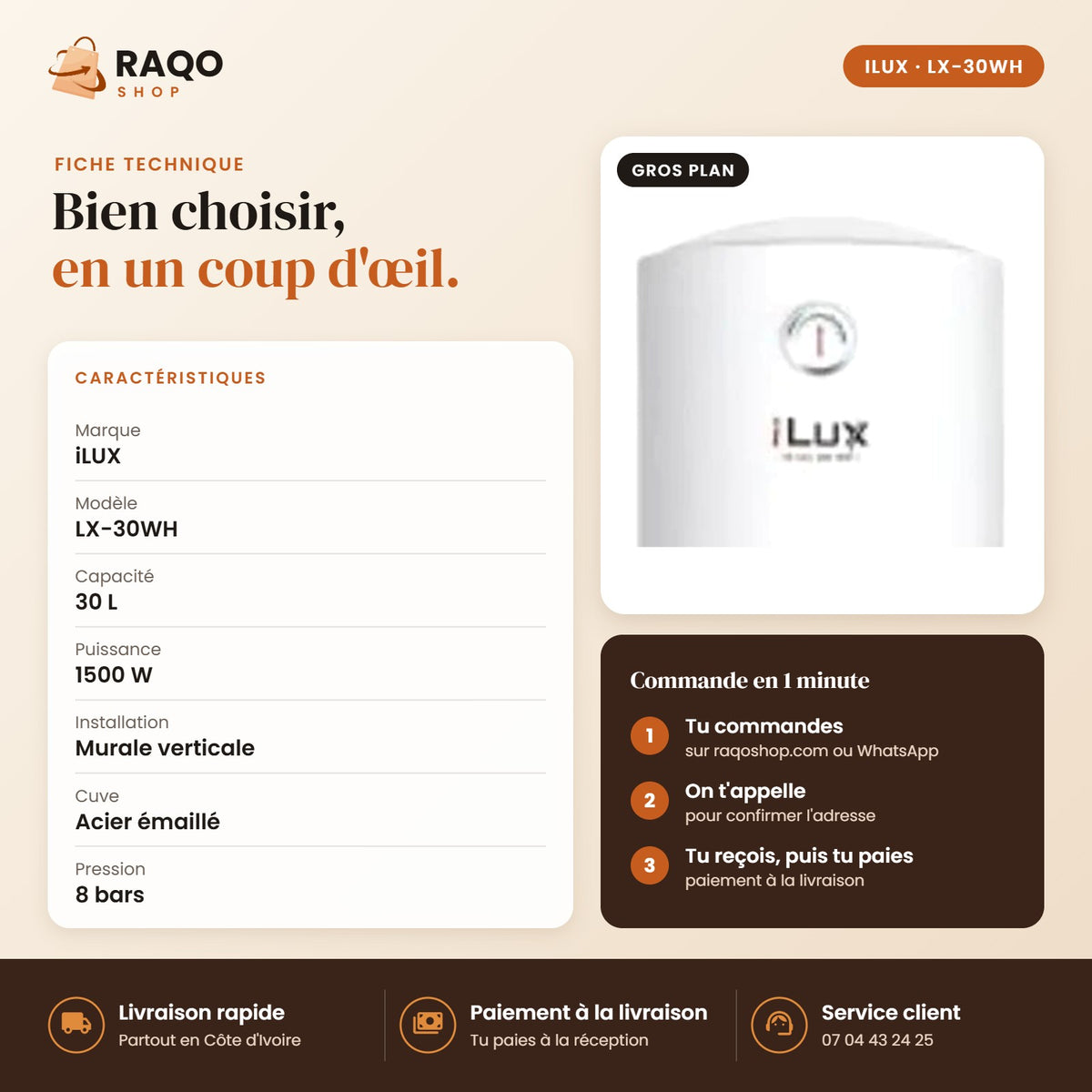 Chauffe-eau Électrique iLUX – 30 L - RAQO (fiche technique)