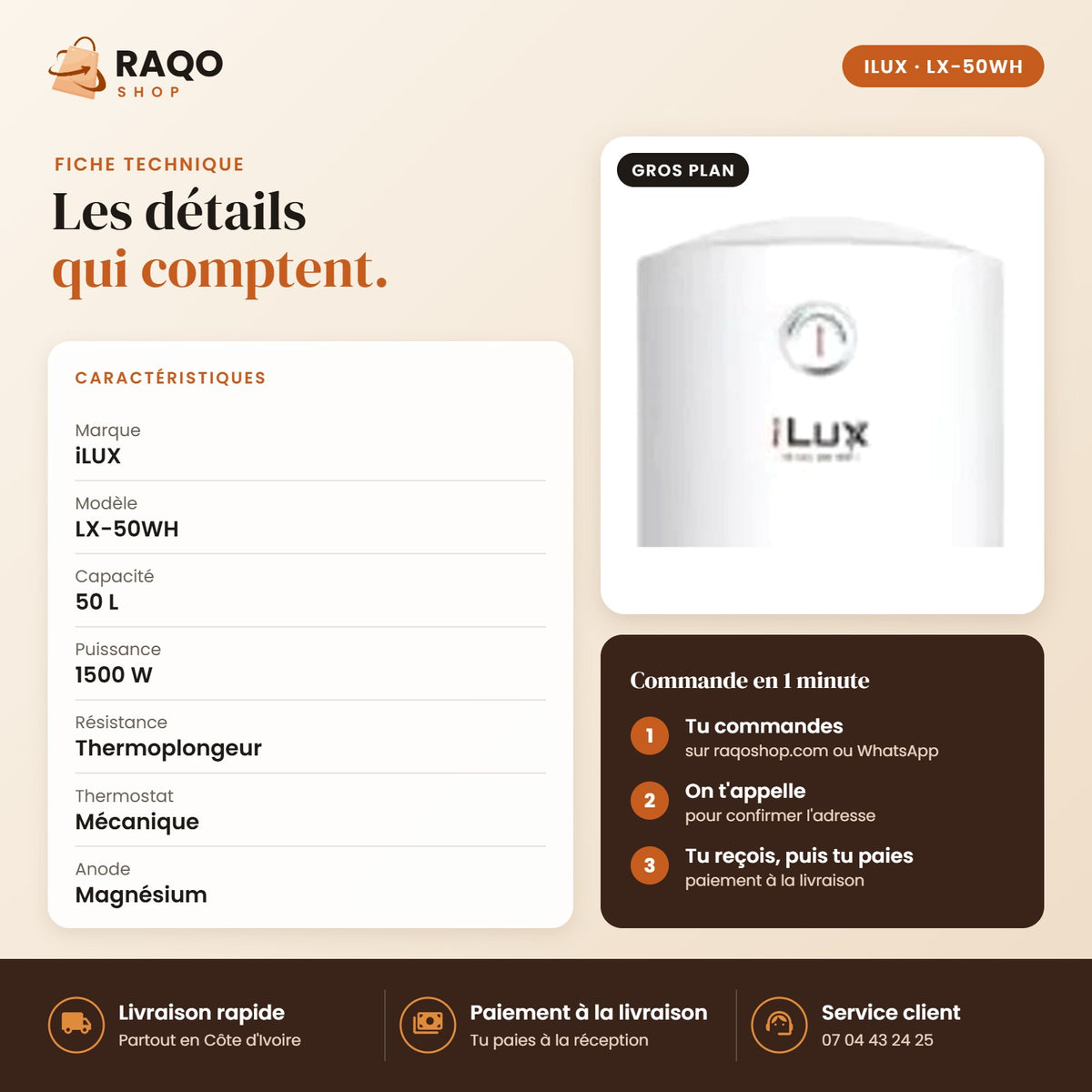 Chauffe-eau Électrique iLUX – 50 L - RAQO (fiche technique)