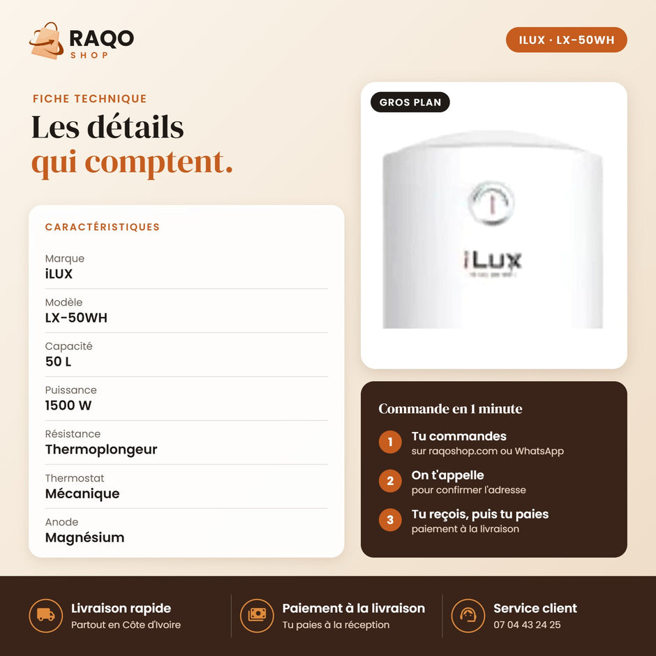 Chauffe-eau Électrique iLUX – 50 L - RAQO (fiche technique)