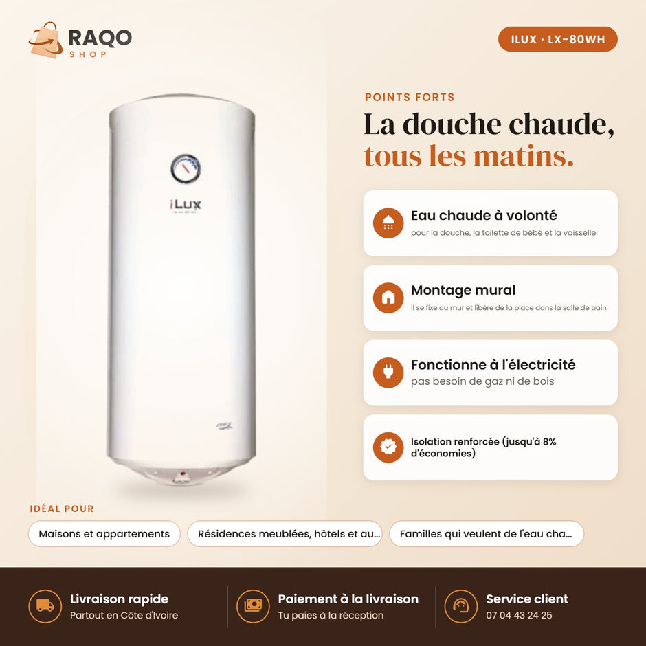 Chauffe-eau Électrique iLUX – 80 L - RAQO (points forts)