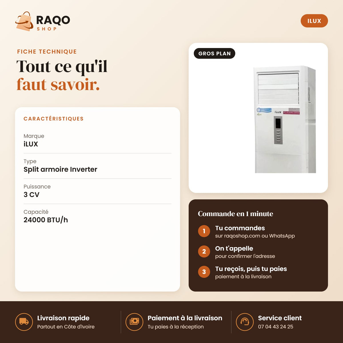 Climatiseur Armoire iLUX – 24.000 BTU – 3 CV – Inverter - RAQO (fiche technique)