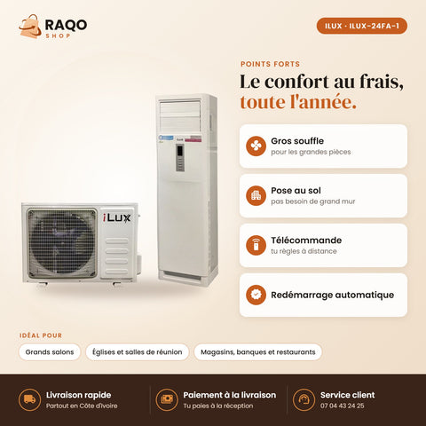 Climatiseur Armoire iLUX – 24.000 BTU – 3 CV – R410 - RAQO (points forts)