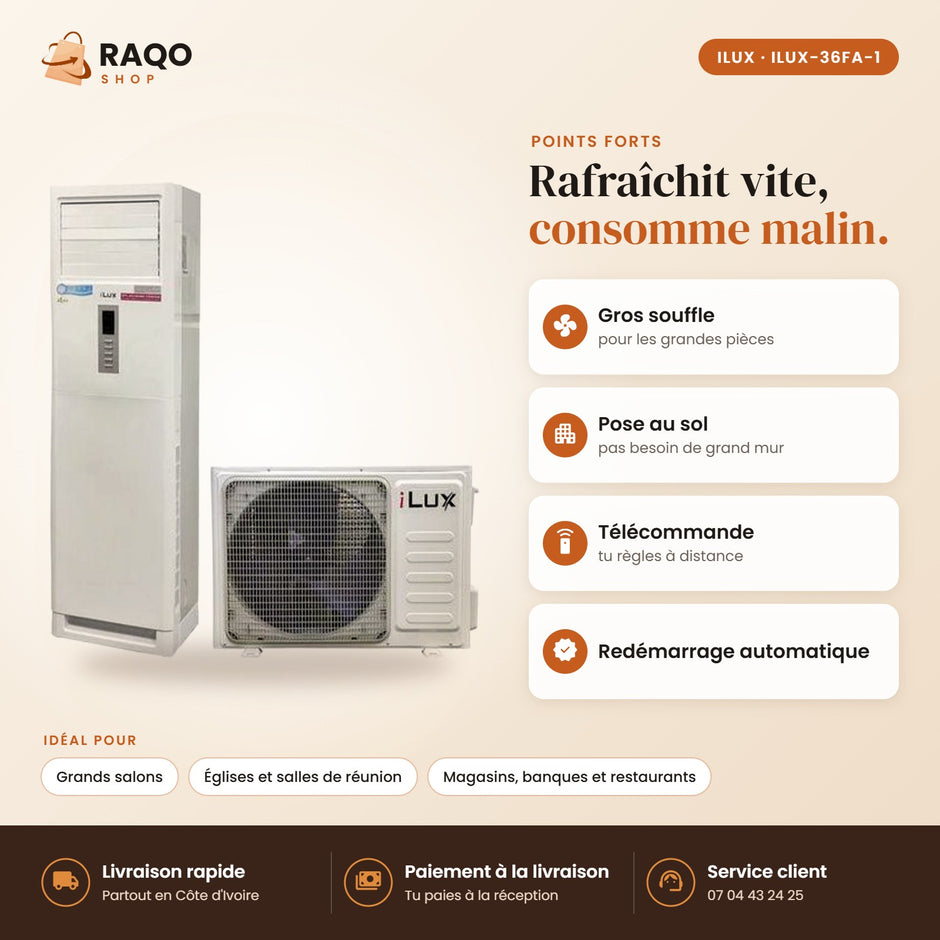 Climatiseur Armoire iLUX – 36.000 BTU – 4 CV – R410 - RAQO (points forts)