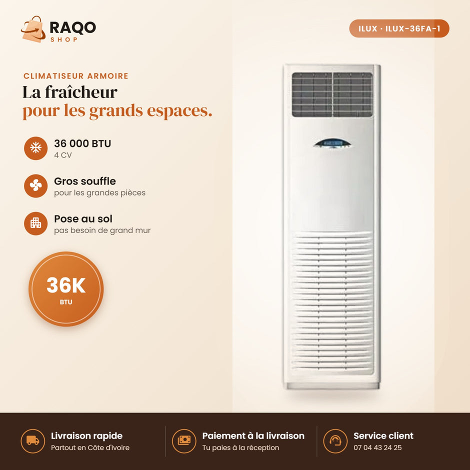 Climatiseur Armoire iLUX – 36.000 BTU – 4 CV – R410 - RAQO