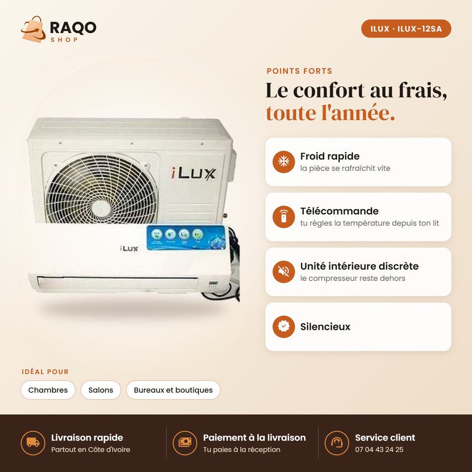 Climatiseur Split iLUX – 12.000 BTU – 1,5 CV – R410 - RAQO (points forts)