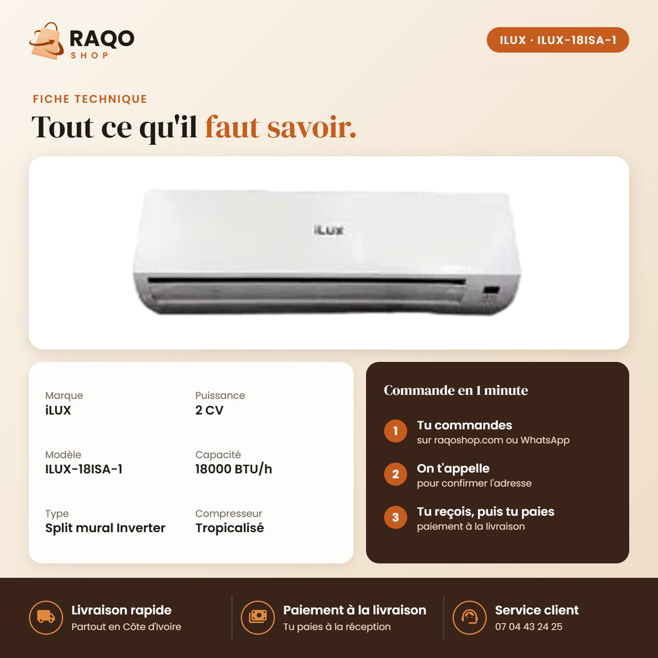Climatiseur Split iLUX – 18.000 BTU – 2 CV – Inverter - RAQO (fiche technique)