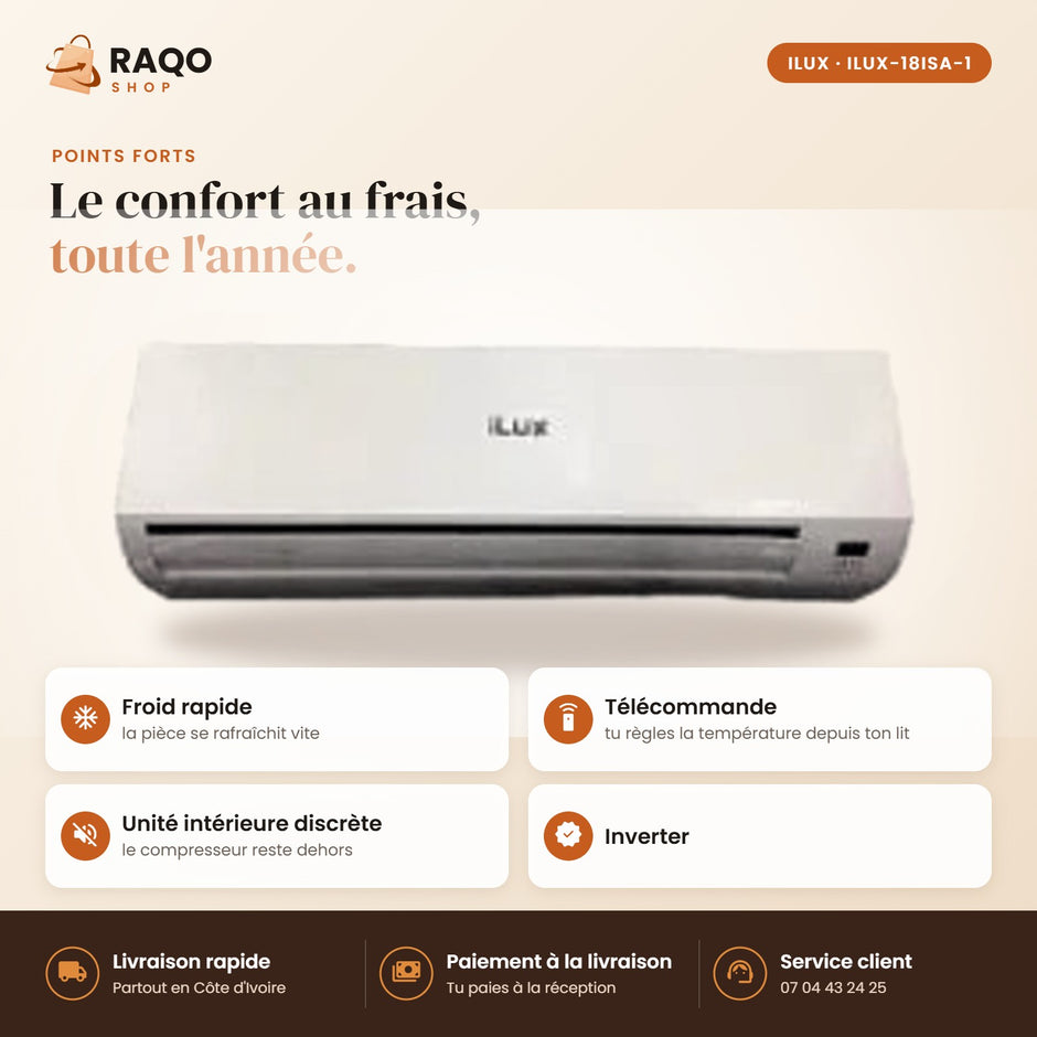 Climatiseur Split iLUX – 18.000 BTU – 2 CV – Inverter - RAQO (points forts)