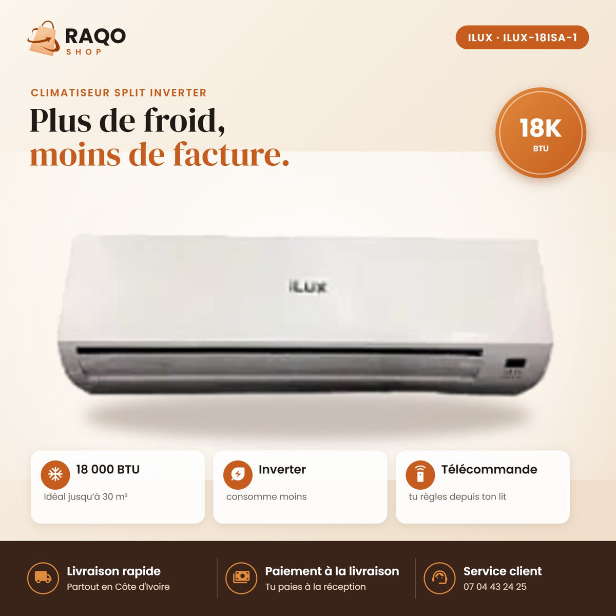 Climatiseur Split iLUX – 18.000 BTU – 2 CV – Inverter - RAQO