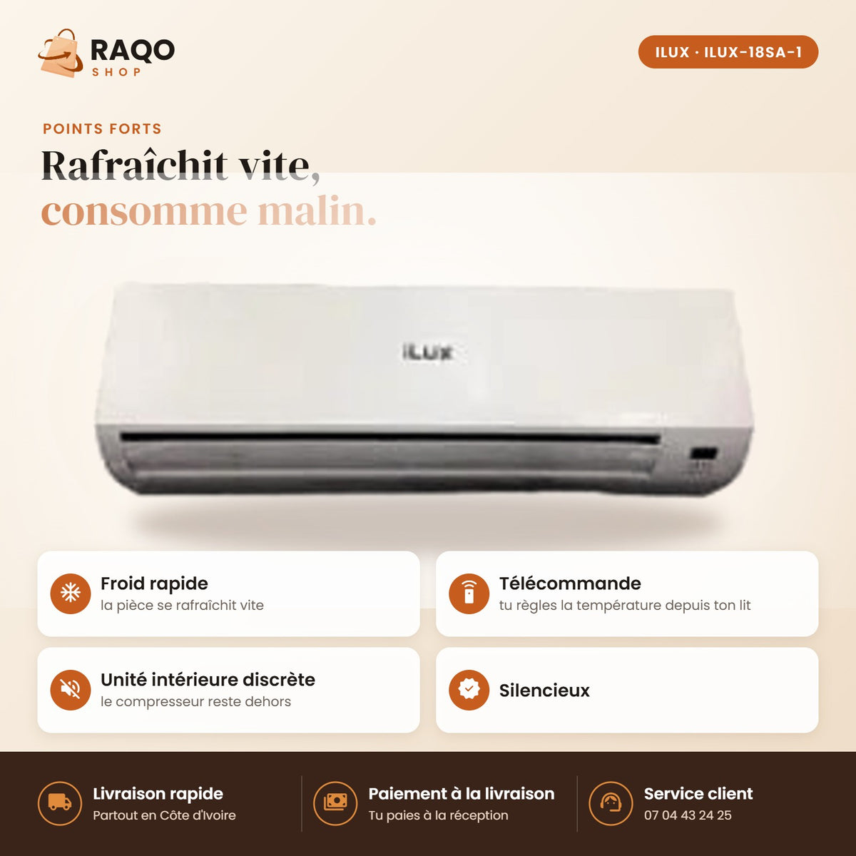 Climatiseur Split iLUX – 18.000 BTU – 2 CV – R410 - RAQO (points forts)