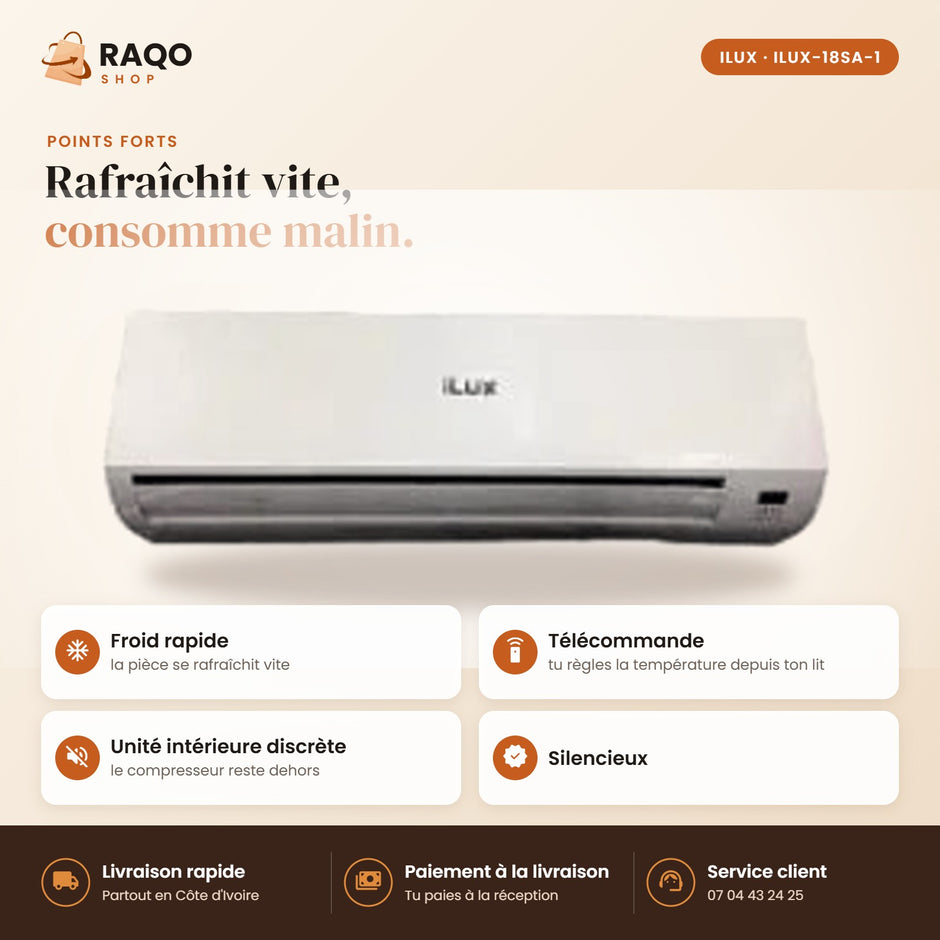 Climatiseur Split iLUX – 18.000 BTU – 2 CV – R410 - RAQO (points forts)