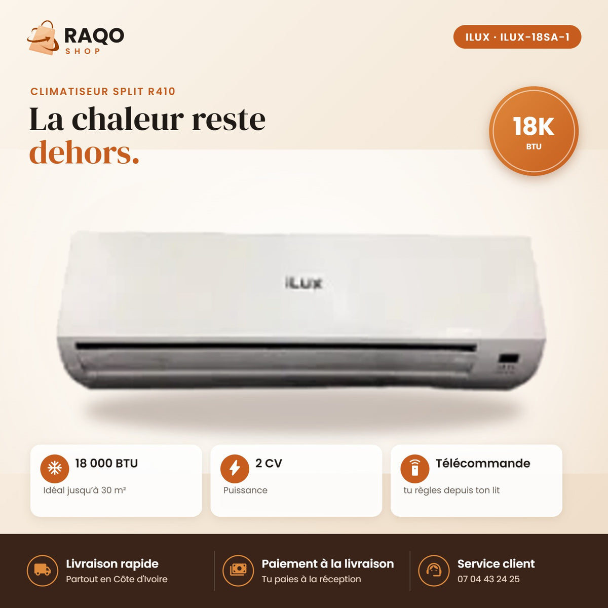 Climatiseur Split iLUX – 18.000 BTU – 2 CV – R410 - RAQO