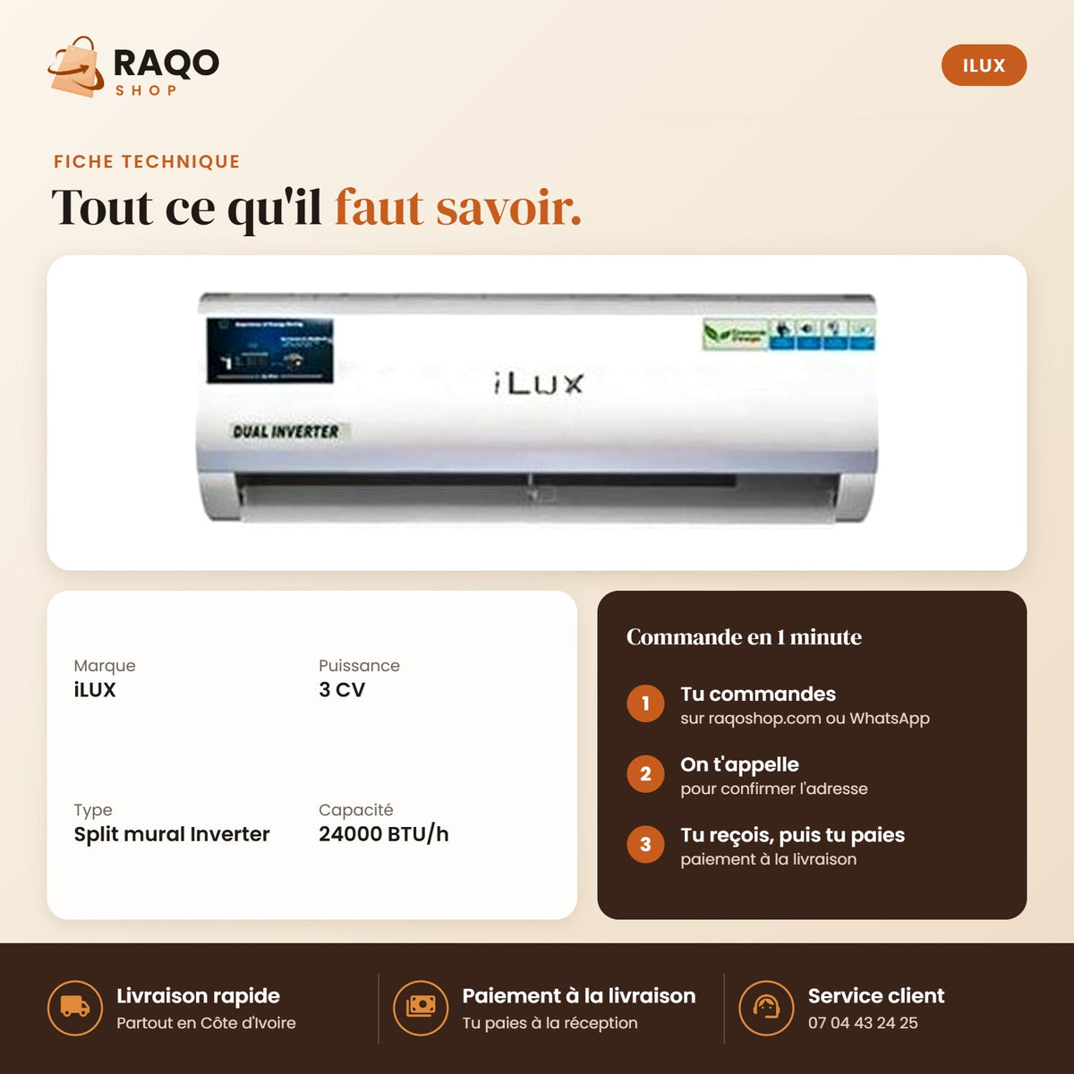 Climatiseur Split iLUX – 24.000 BTU – 3 CV – Inverter - RAQO (fiche technique)